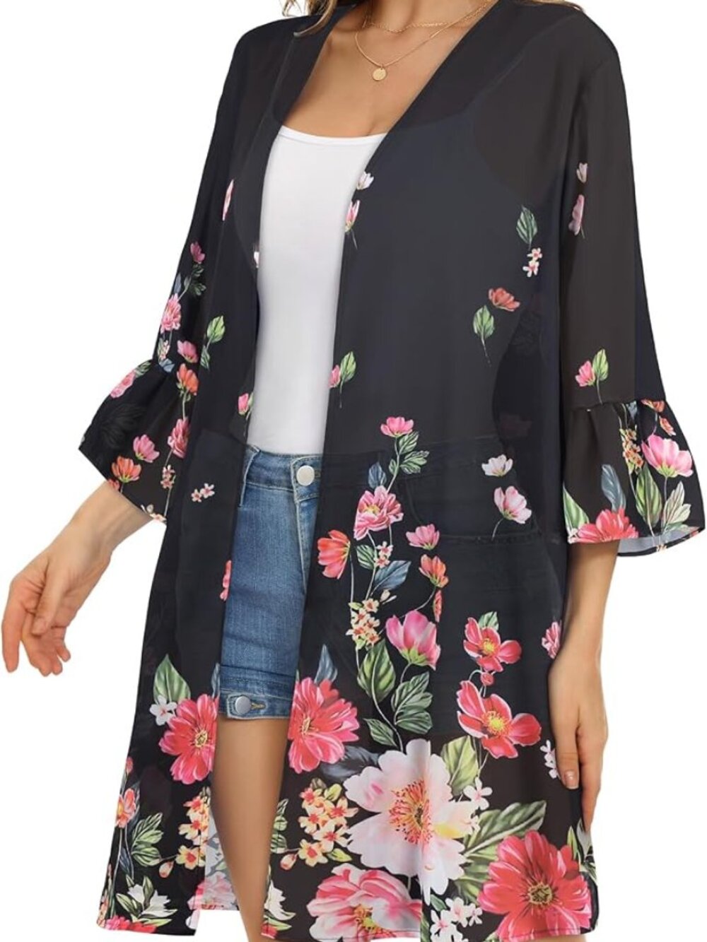 Women's Floral Print Sheer Chiffon 3/4 Ruffled Sleeve Kimono Size 2XL NEW